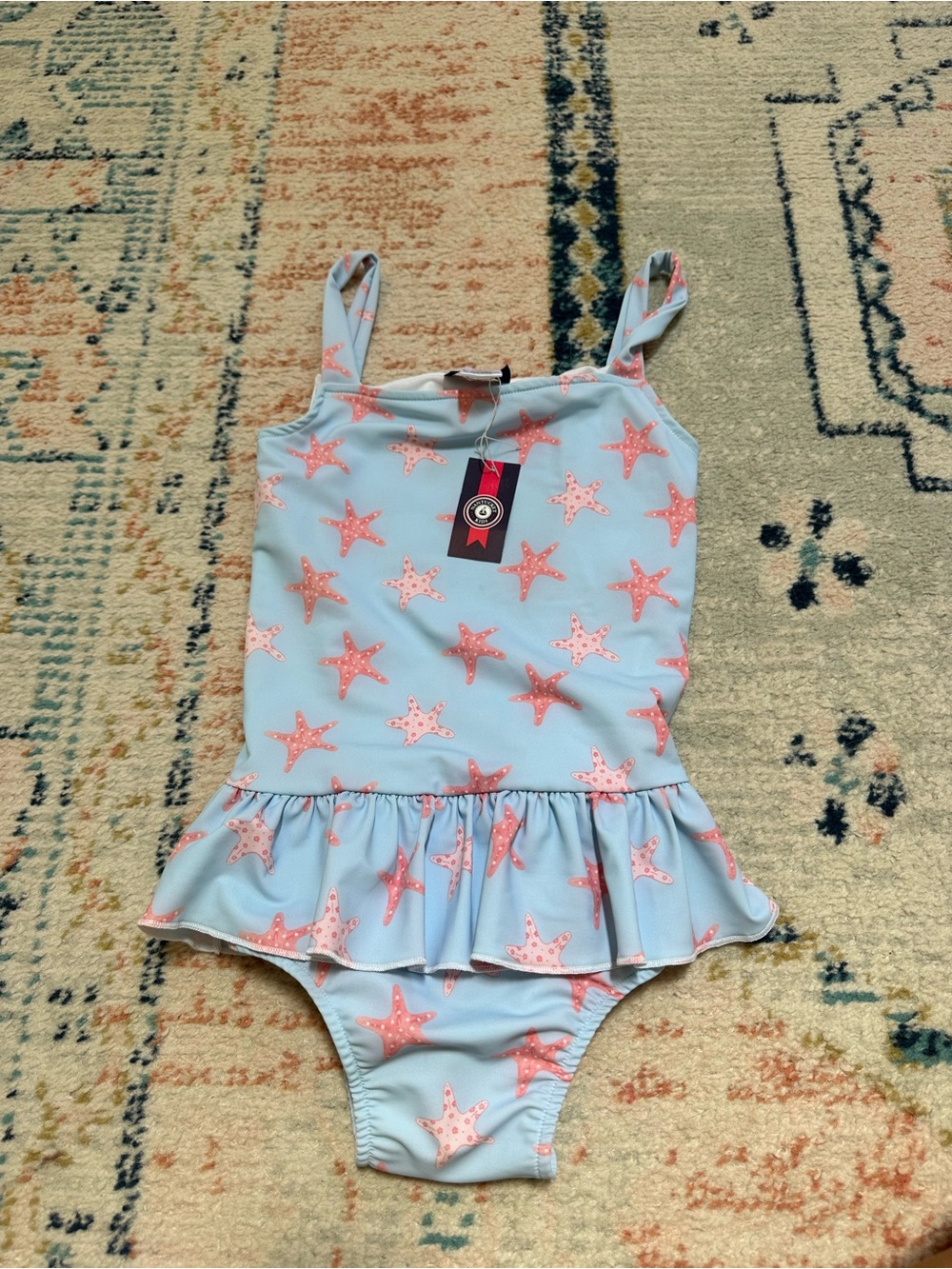 NWT Nantucket Kids Girls Light Blue One-Piece Swimsuit with Pink Starfish Ruffle
